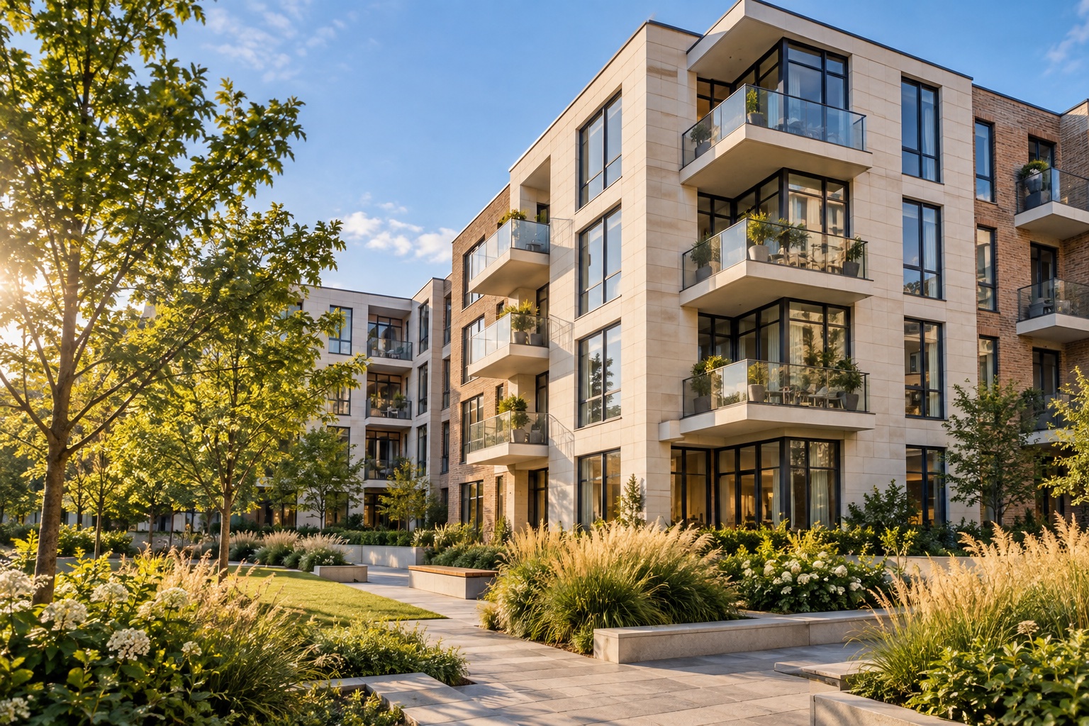 Sunlit apartments with balconies overlooking a landscaped courtyard